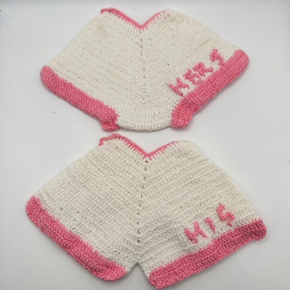 Vintage Handmade Crochet His Hers Potholders White Pink Retro Kitchen Set